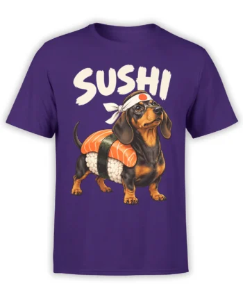 Purple T-shirt featuring a black and tan dachshund dressed as a sushi roll beneath bold SUSHI lettering