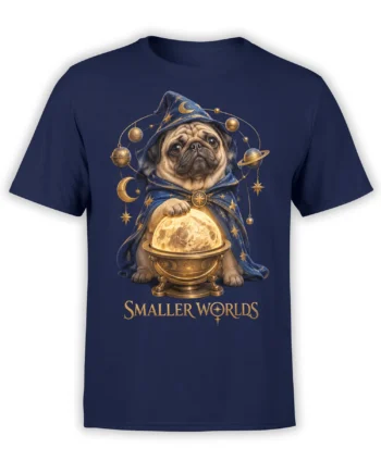Wizard pug graphic with golden planets, moons, and Smaller Worlds text on a navy T-shirt