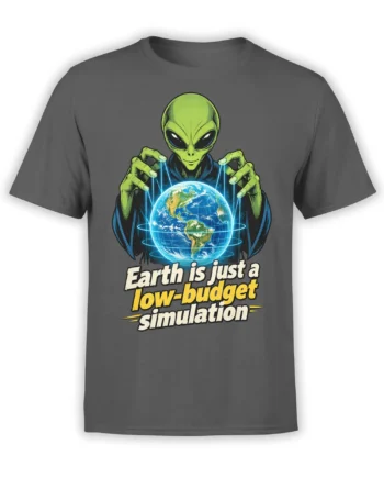 Gray alien t-shirt with a green extraterrestrial holding a glowing Earth and low-budget simulation text