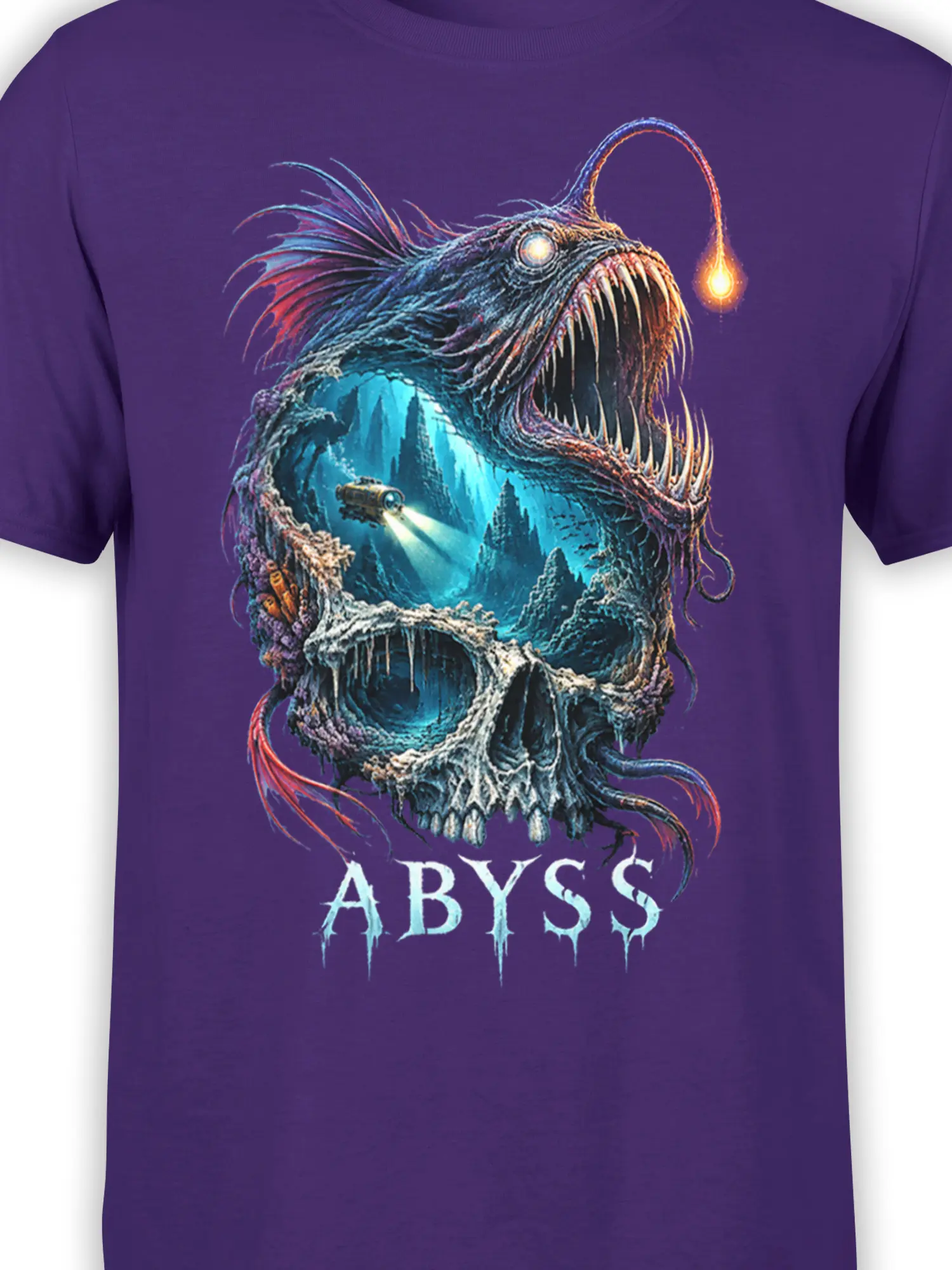 Close-up of purple shirt artwork showing an anglerfish monster, sharp teeth, glowing lure, submarine, and distressed ABYSS text