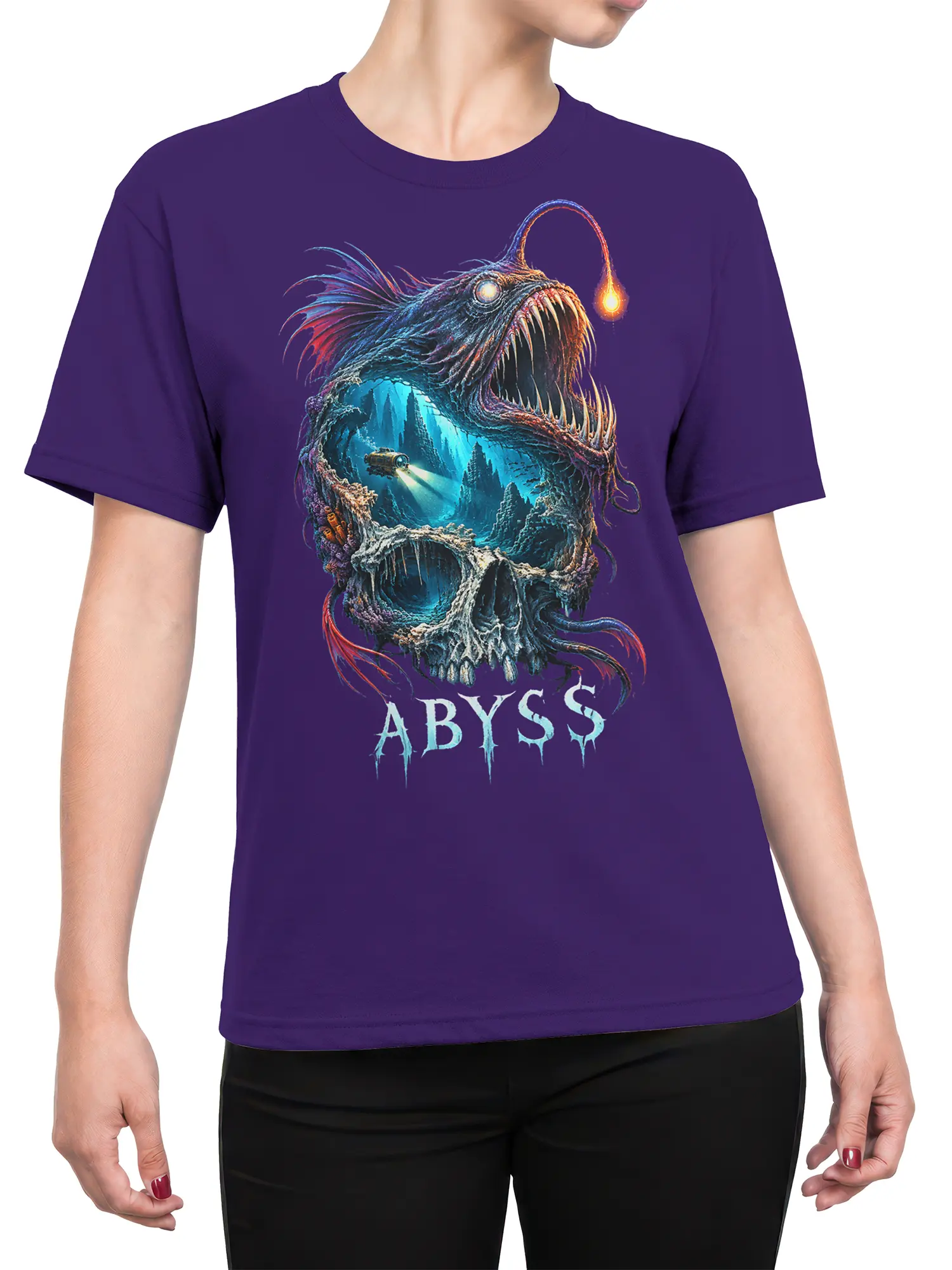 Female torso wearing a purple anglerfish monster shirt with glowing underwater artwork, skull details, and ABYSS lettering