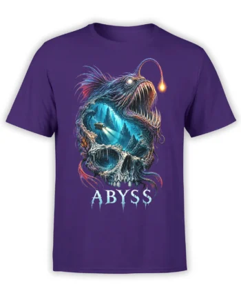 Purple anglerfish monster T-shirt with glowing lure, submarine scene, skull details, and ABYSS lettering