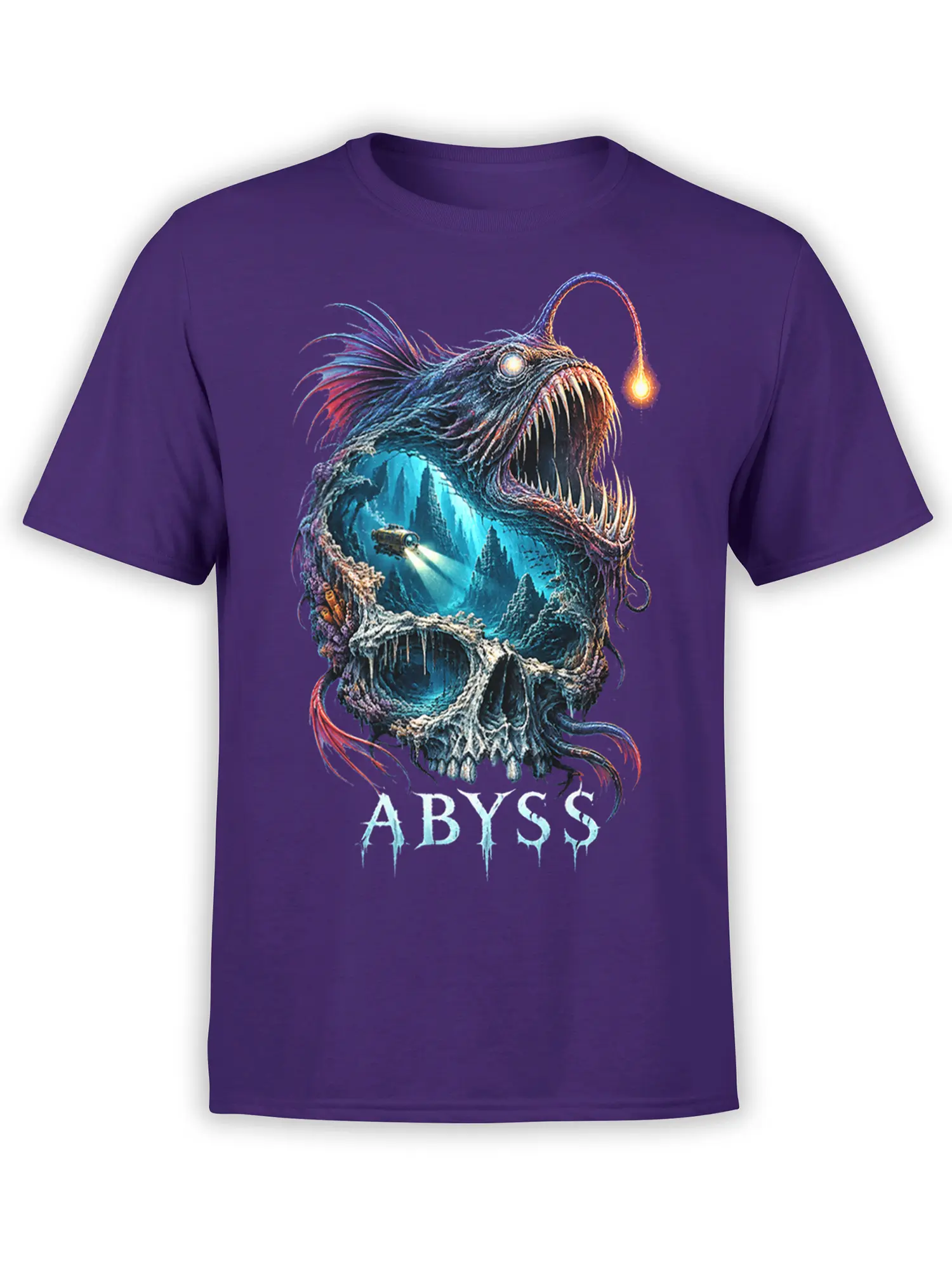 Purple anglerfish monster T-shirt with glowing lure, submarine scene, skull details, and ABYSS lettering