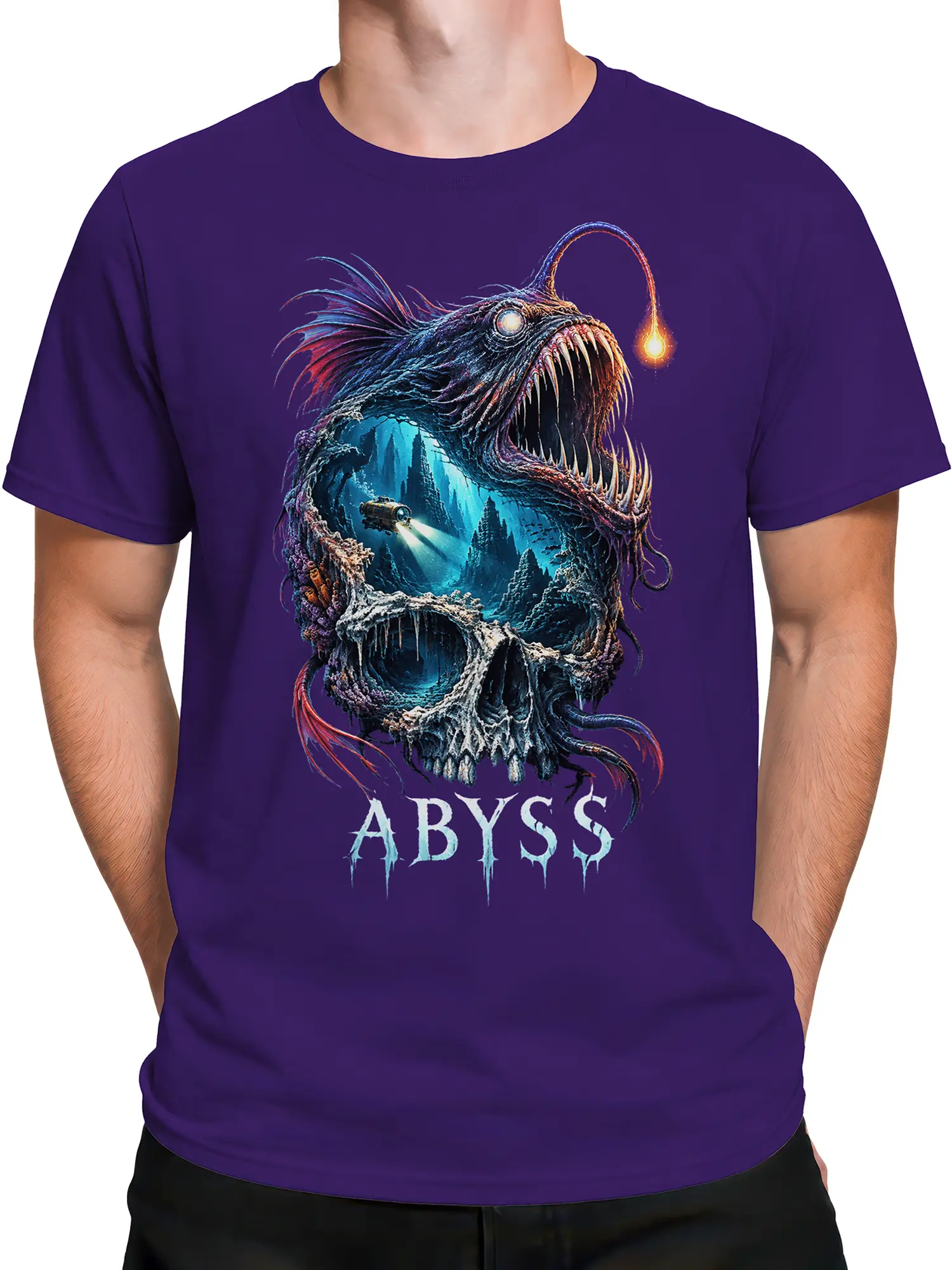 Male torso wearing a purple deep-sea monster shirt with anglerfish artwork, glowing lure, submarine, and ABYSS text