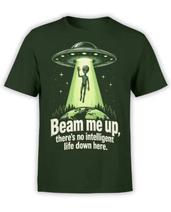 Retro UFO alien design with a green beam, Earth, stars, and sarcastic text on a Green T-shirt