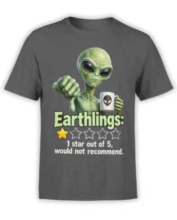 Green alien giving a thumbs down on a gray shirt with a one-star Earthling review and alien-face mug