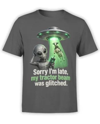 Gray alien and cow lifted by a green tractor beam on a funny dark gray UFO T-shirt