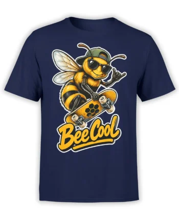Front view of a navy T-shirt with a sunglasses-wearing bee riding a honeycomb skateboard and “Bee Cool” lettering