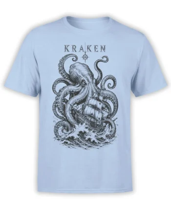 Vintage kraken octopus design wrapping around a sailing ship on a light blue graphic T-shirt