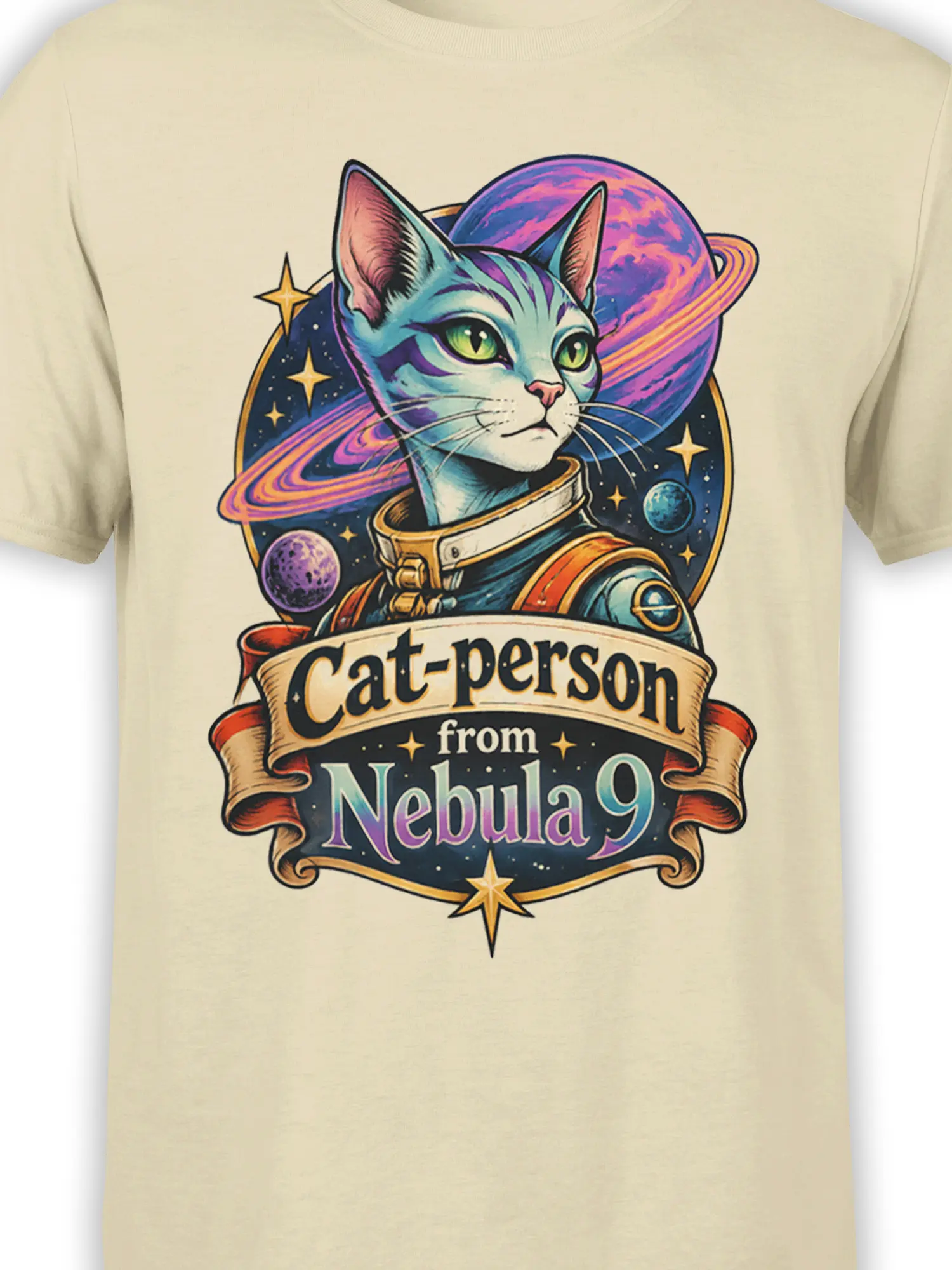 Close-up of the cosmic cat graphic with a space-suited feline, ringed planet, stars, and Nebula 9 lettering on beige fabric