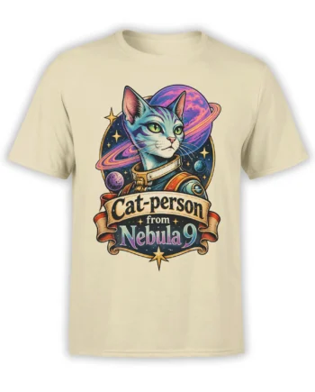 Beige T-shirt with a vintage cosmic cat in a space suit, colorful planets, stars, and a Nebula 9 banner