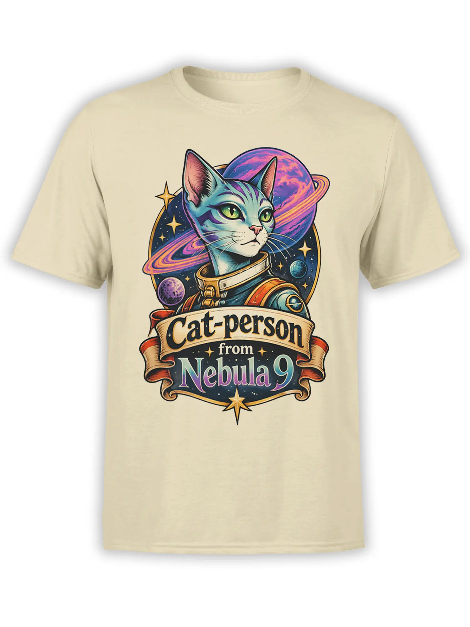 Beige T-shirt with a vintage cosmic cat in a space suit, colorful planets, stars, and a Nebula 9 banner