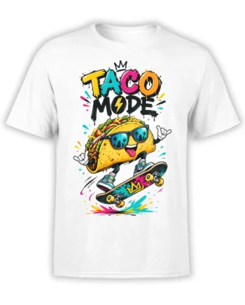 White taco skateboarding T-shirt with sunglasses, colorful sneakers, and bold TACO MODE lettering