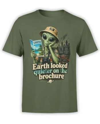 Green alien tourist T-shirt with Earth brochure, city skyline, planet symbol, and retro travel humor design