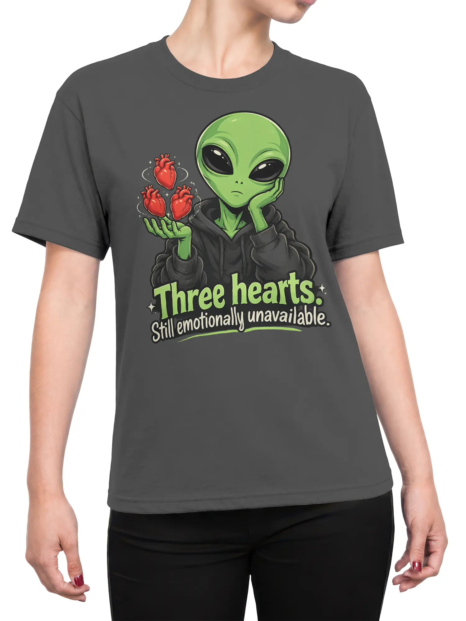 Female torso wearing a gray alien T-shirt with three red hearts and an emotionally unavailable graphic