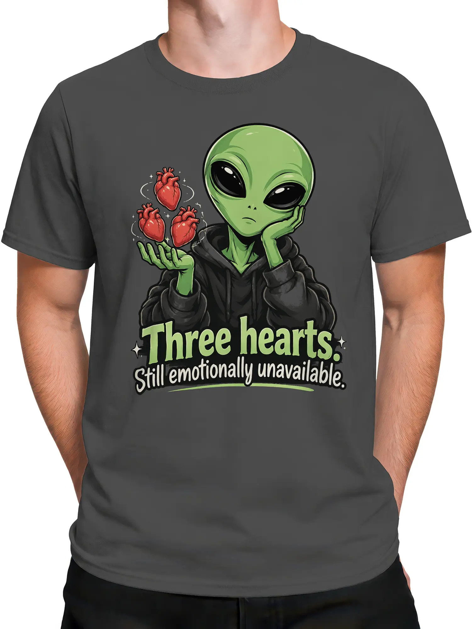 Male torso wearing a gray alien graphic T-shirt with three hearts and a humorous relationship slogan