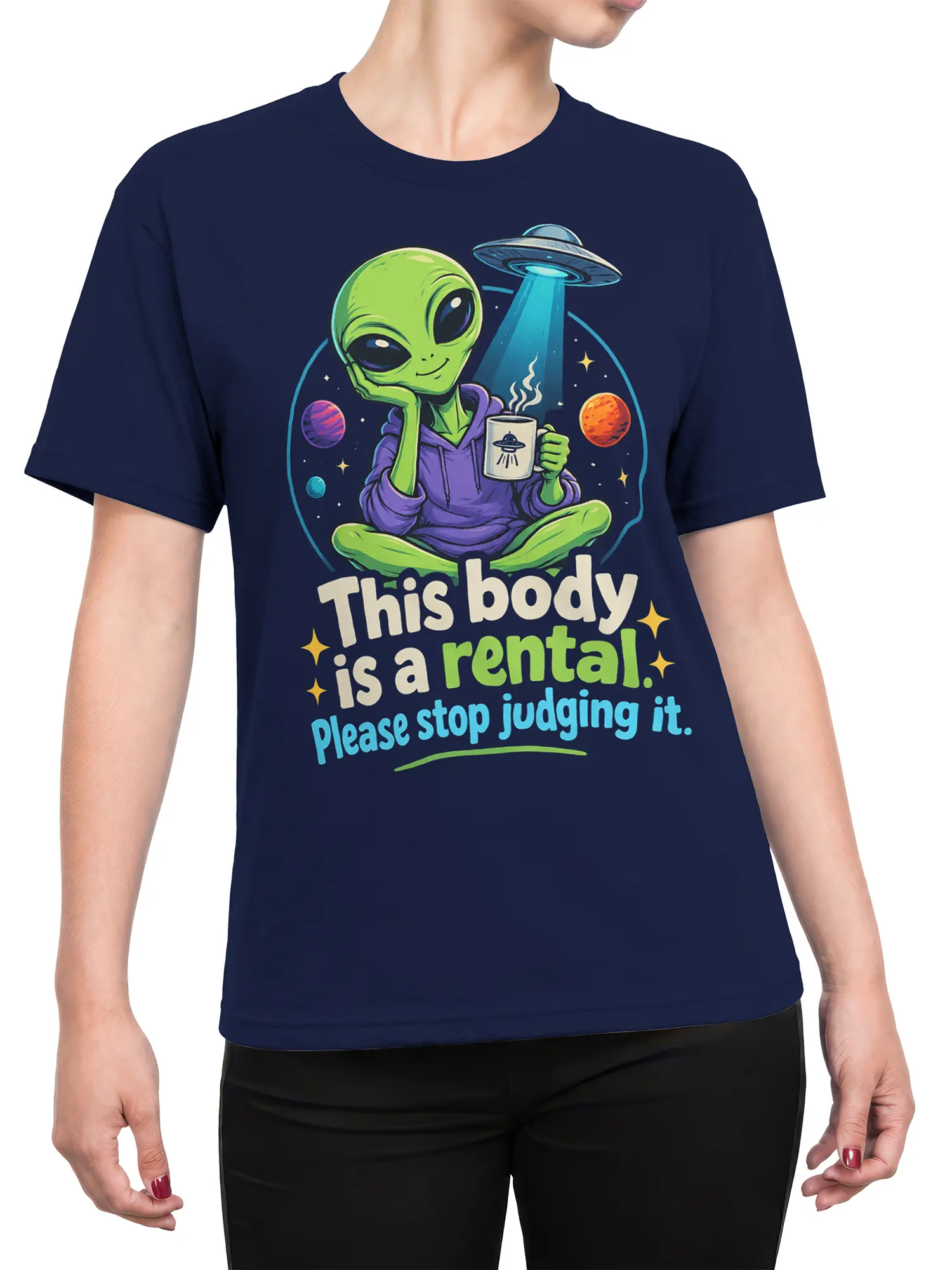 Female torso wearing a navy alien T-shirt with a relaxed green alien and cosmic rental message
