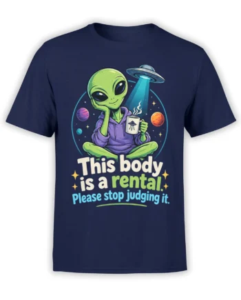 Funny green alien in a purple hoodie holding a UFO mug on a navy alien T-shirt