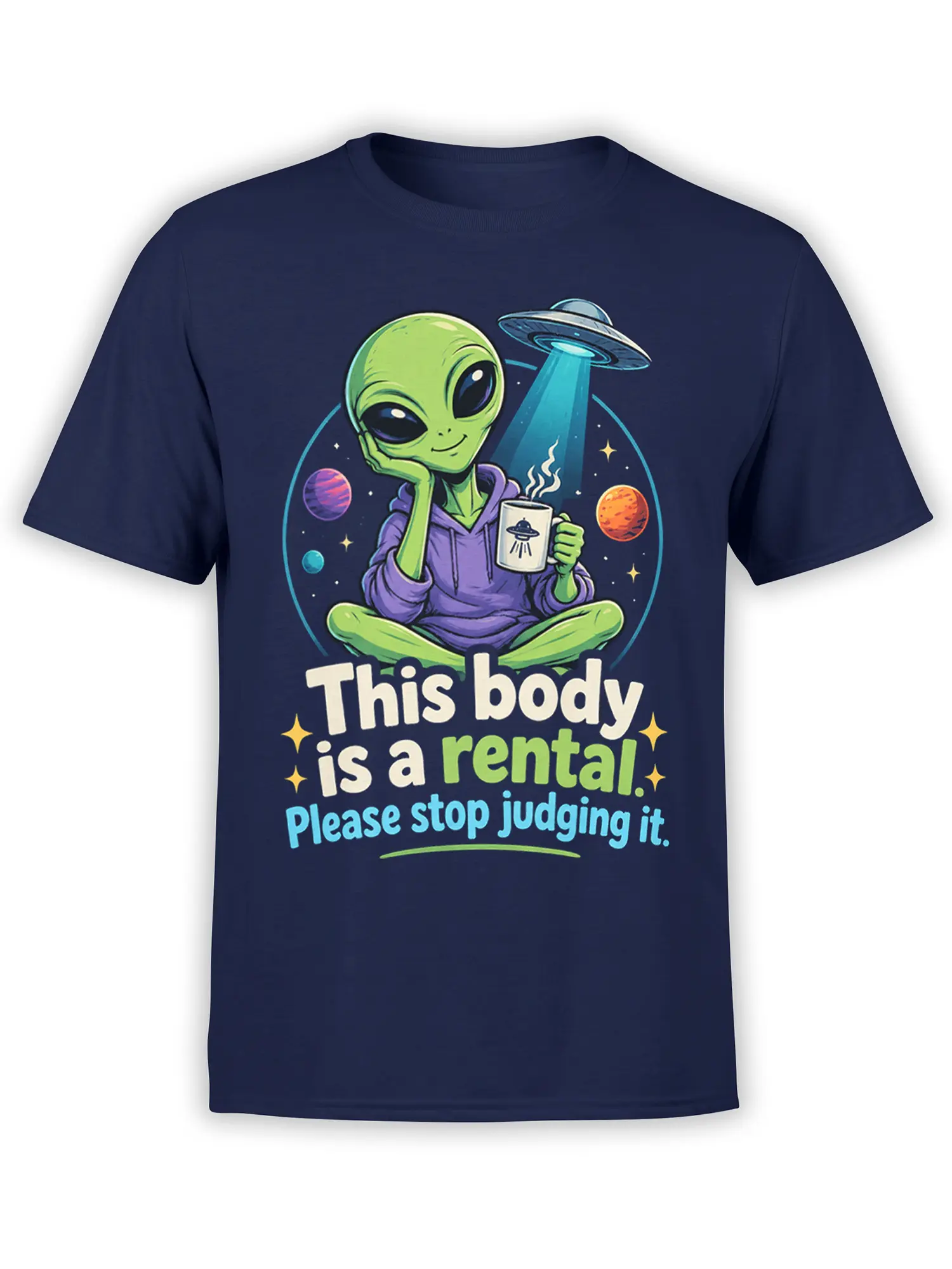 Funny green alien in a purple hoodie holding a UFO mug on a navy alien T-shirt