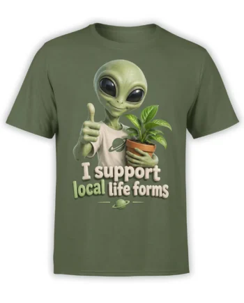 Green alien holding a potted plant and giving a thumbs-up on an olive green local lifeforms T-shirt