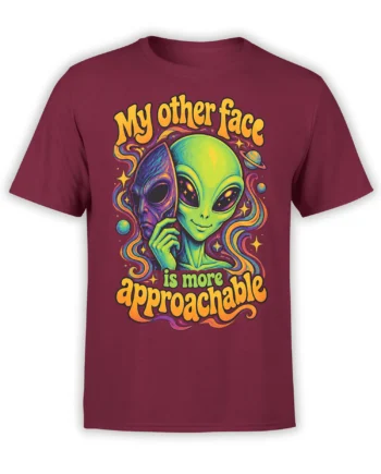 Red alien t-shirt with two colorful extraterrestrial faces, planets, stars, and the phrase “My other face is more approachable”