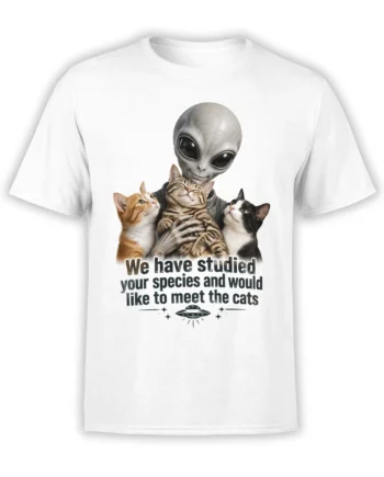White cat T-shirt showing a gray alien holding three cats above a UFO and cosmic message