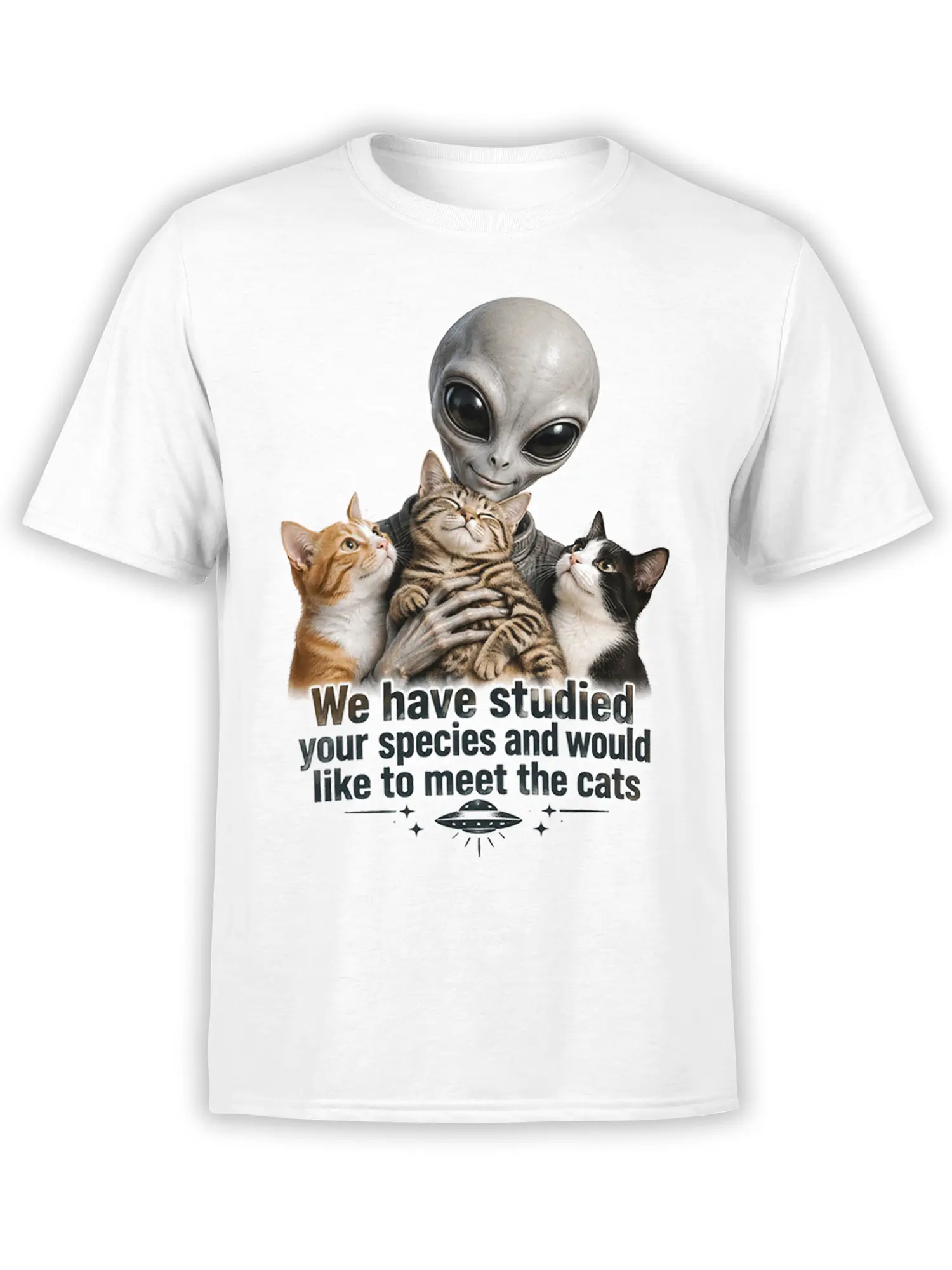 White cat T-shirt showing a gray alien holding three cats above a UFO and cosmic message