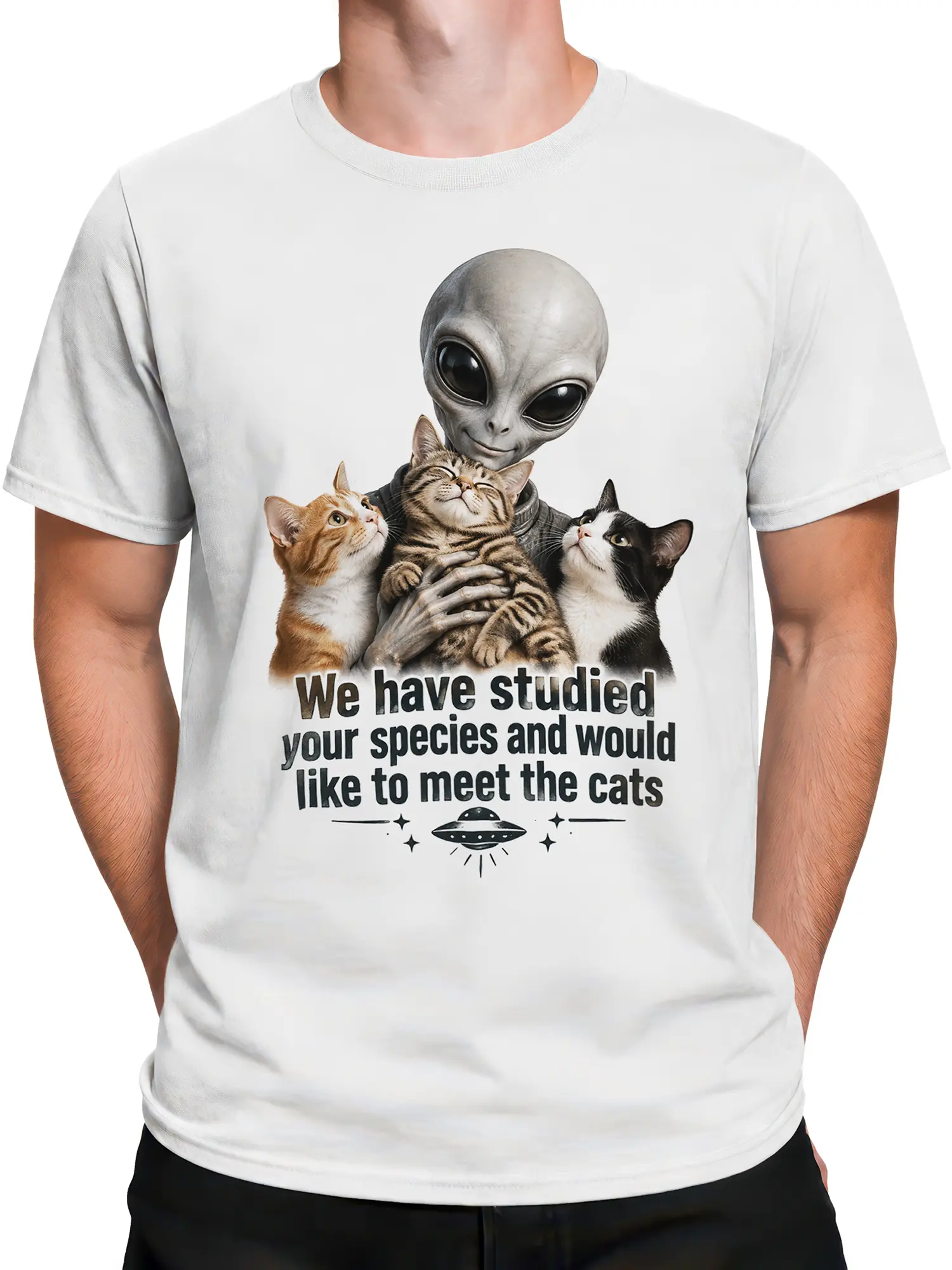 Male torso wearing a white cat graphic tee with alien, cats, stars, and UFO