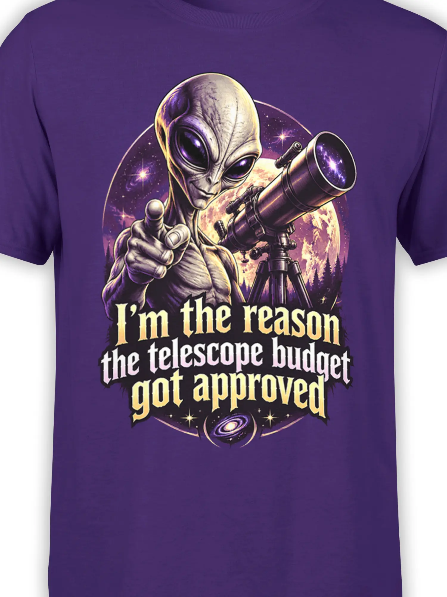 Close-up of alien and telescope artwork with moon, stars, galaxy, and budget joke on purple fabric