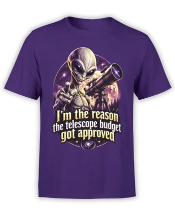 Purple alien telescope T-shirt with moon, stars, galaxy artwork, and funny telescope budget lettering