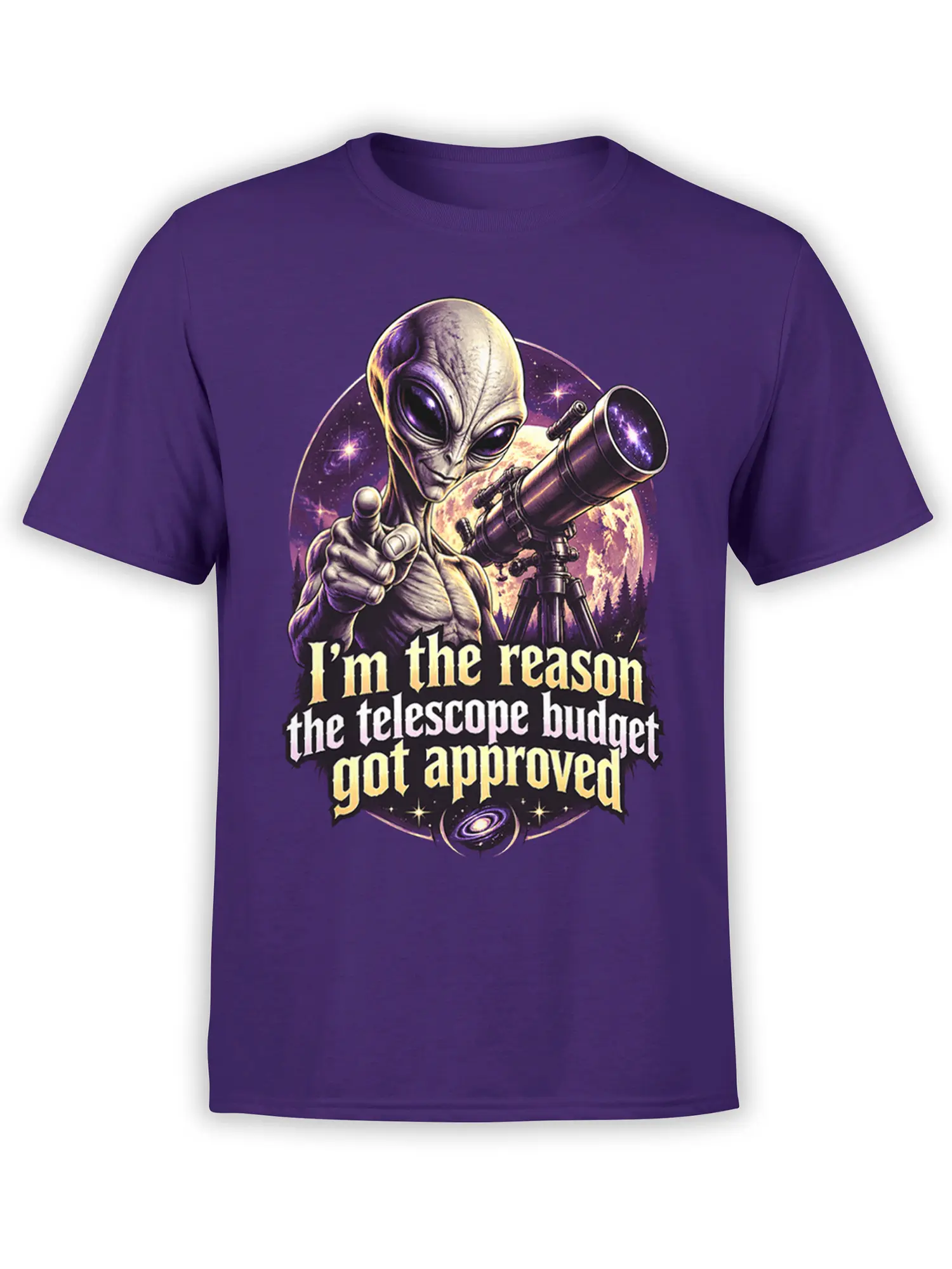 Purple alien telescope T-shirt with moon, stars, galaxy artwork, and funny telescope budget lettering