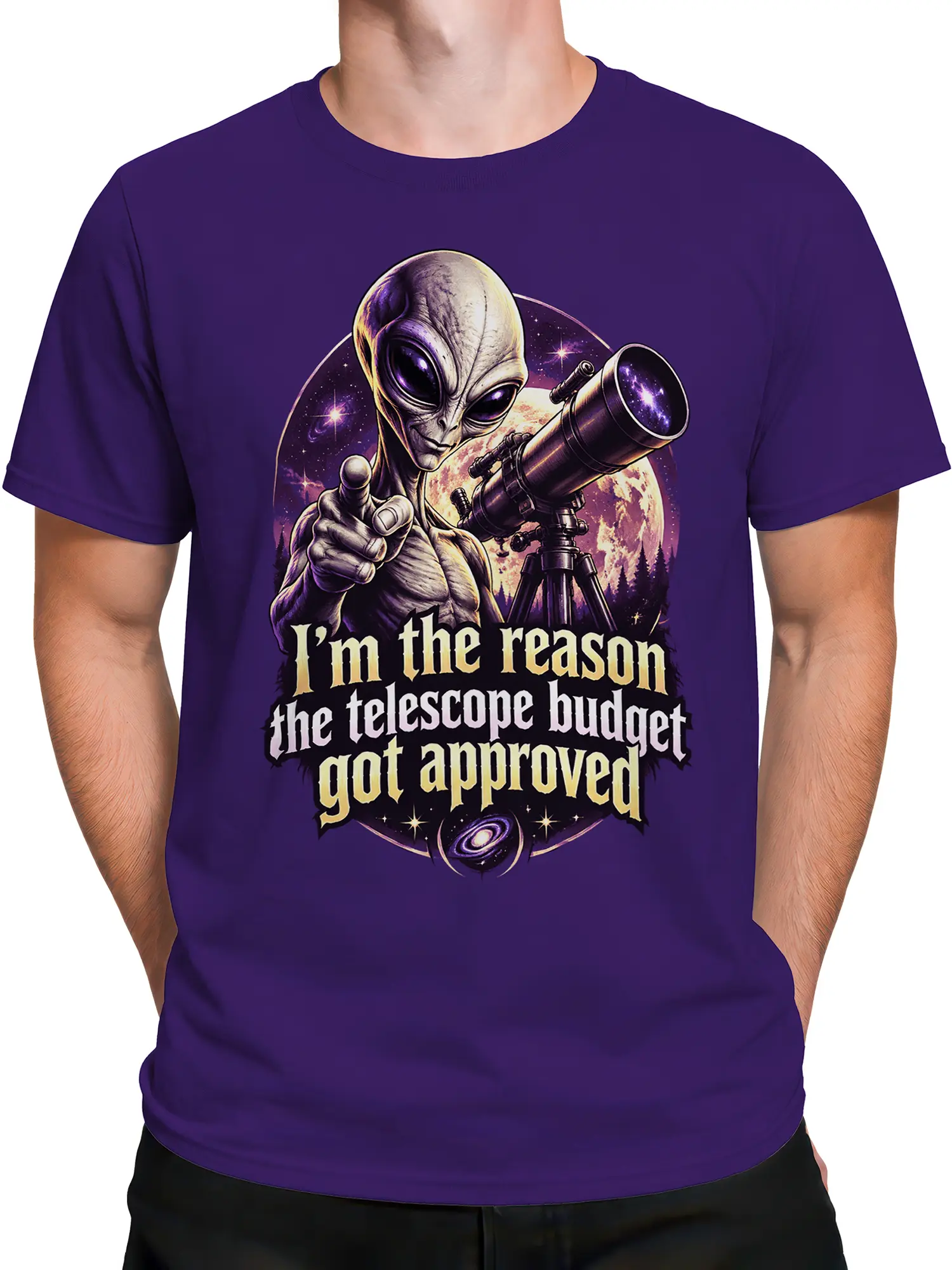 Male torso wearing a purple alien telescope T-shirt with cosmic artwork and funny astronomy lettering