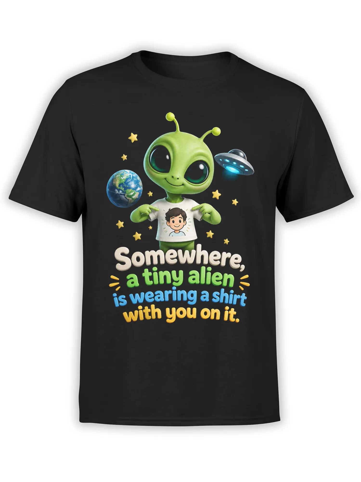Black T-shirt with a cute green alien, Earth, UFO, stars, and colorful “tiny alien” slogan artwork