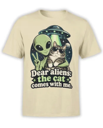Beige cat T-shirt with a striped cat in sunglasses, green alien, UFO, stars, and “Dear aliens” lettering
