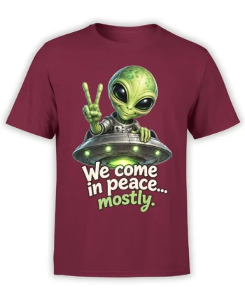 Green alien making a peace sign from a flying saucer on a burgundy shirt with a funny sci-fi slogan