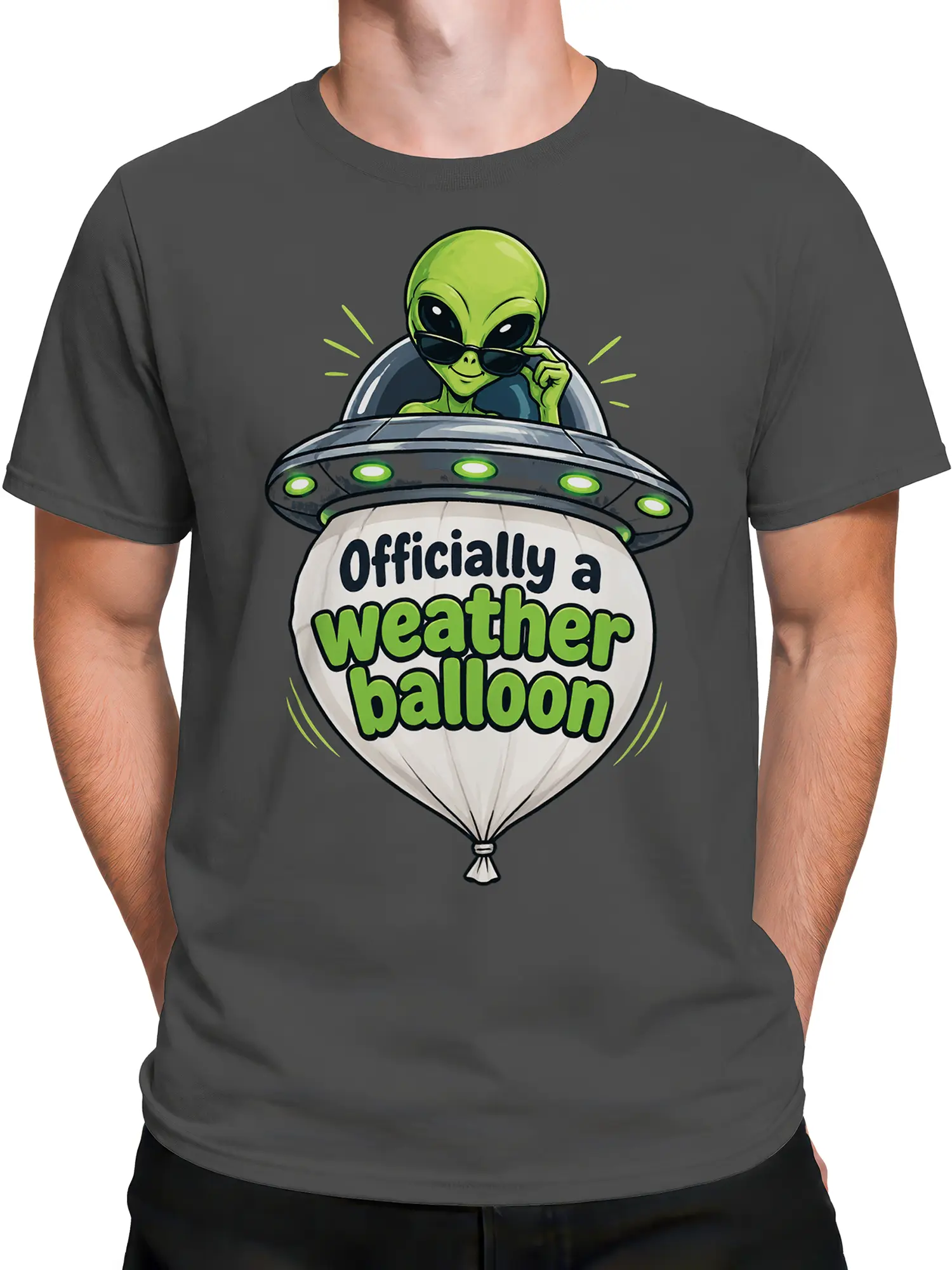 Male torso wearing a gray T-shirt with a green alien UFO weather balloon graphic