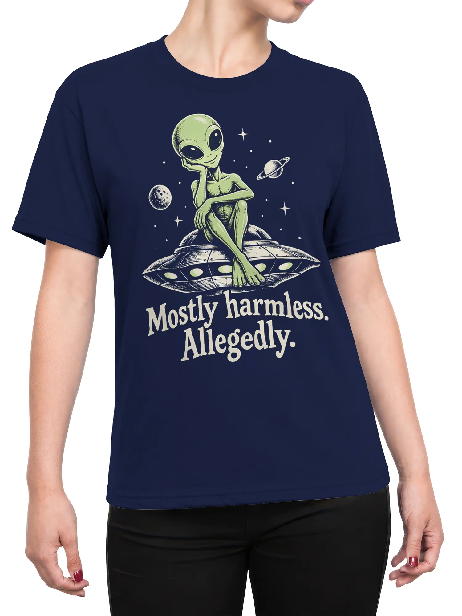 Female torso wearing a navy alien T-shirt with a flying saucer, stars, and humorous space slogan