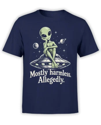 Green alien sitting on a flying saucer with cosmic stars and “Mostly harmless. Allegedly.” text on a navy T-shirt
