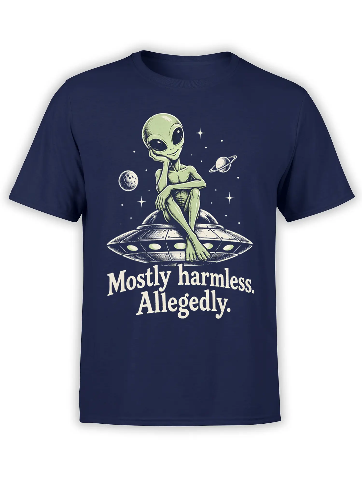 Green alien sitting on a flying saucer with cosmic stars and “Mostly harmless. Allegedly.” text on a navy T-shirt