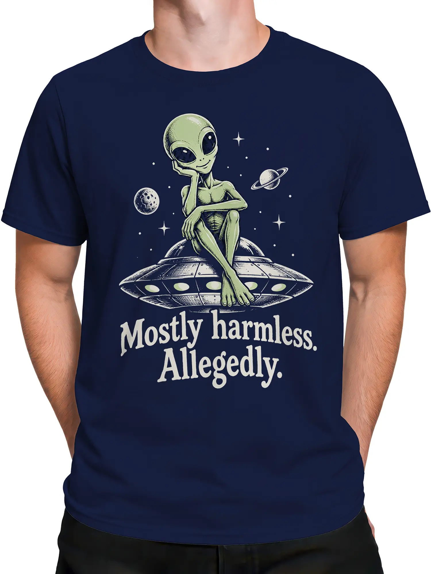 Male torso wearing a navy alien T-shirt with a green extraterrestrial and flying saucer artwork