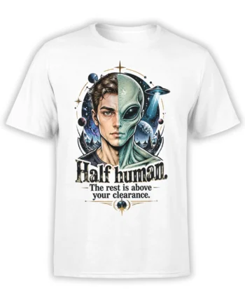 White alien T-shirt with split human and alien portrait, planets, flying saucer, and “Half human” text
