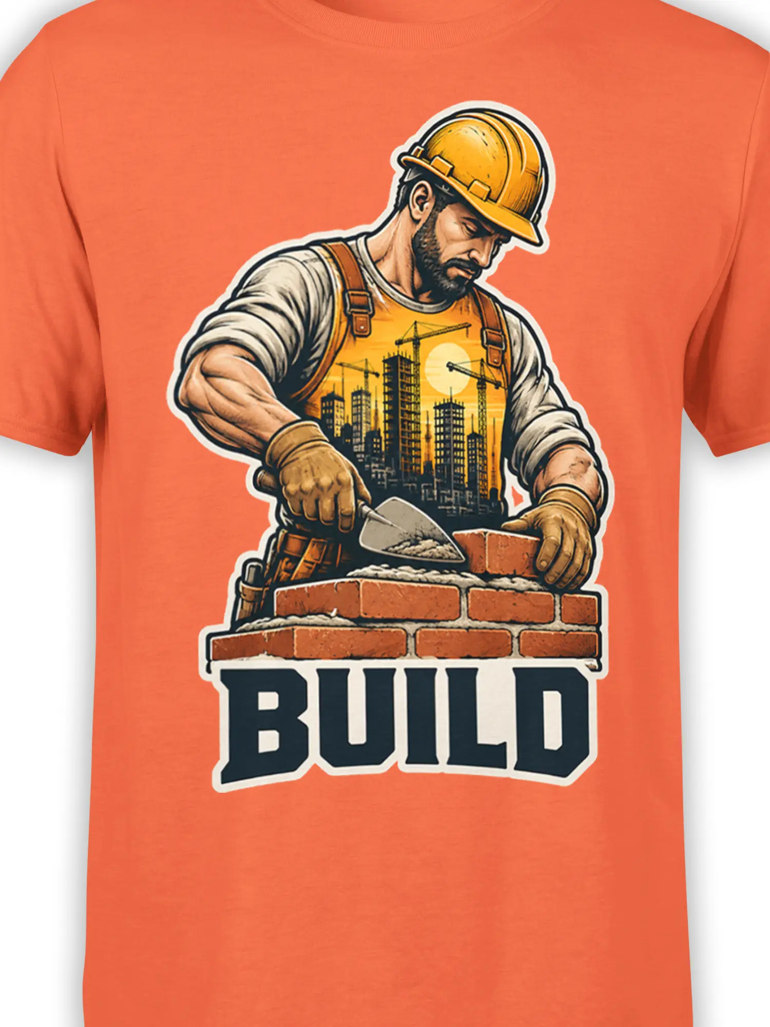 Close-up of construction worker laying bricks with city skyline and BUILD lettering on orange fabric