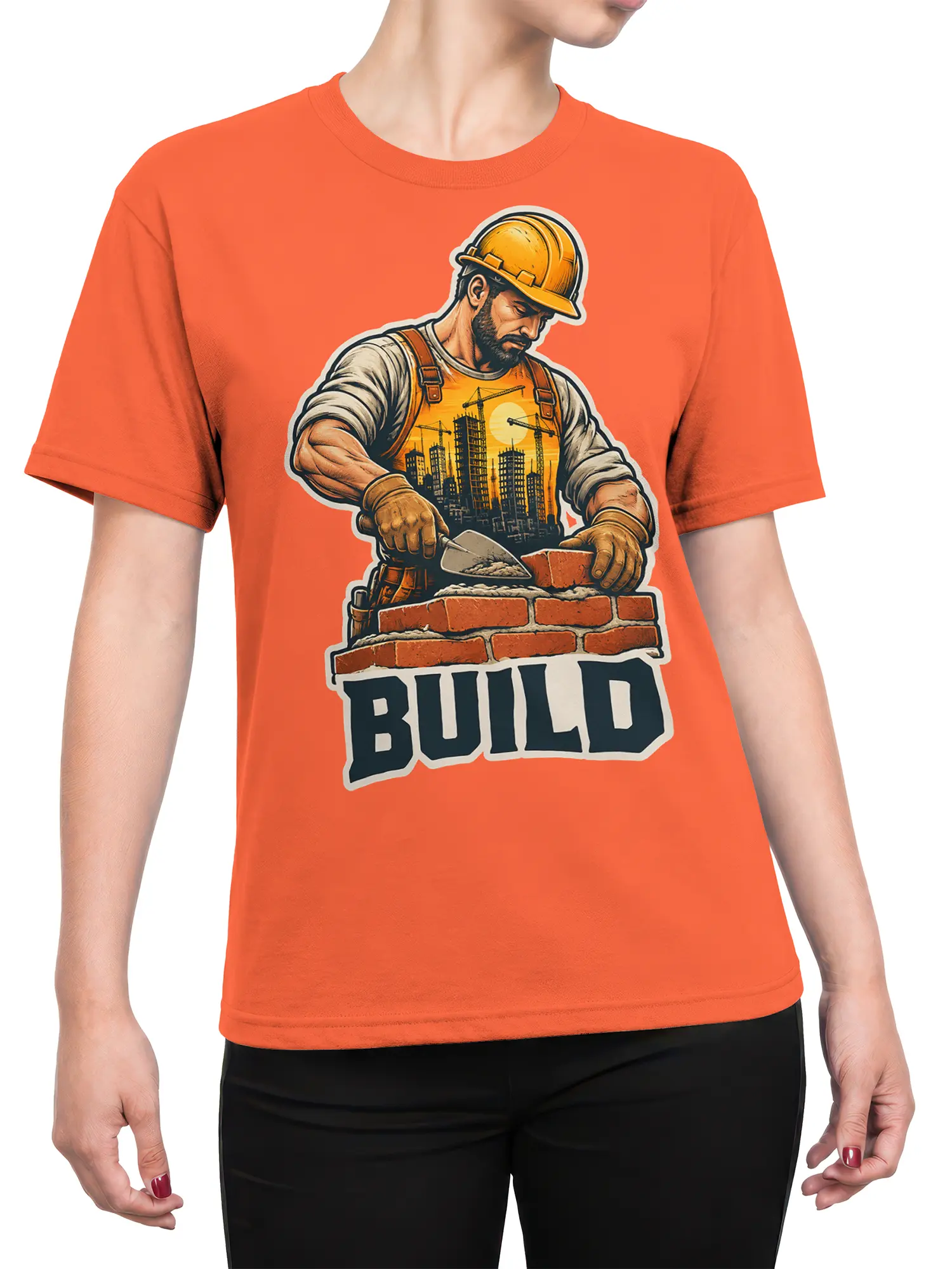 Female torso wearing orange construction worker T-shirt with brick wall, skyline, and BUILD design