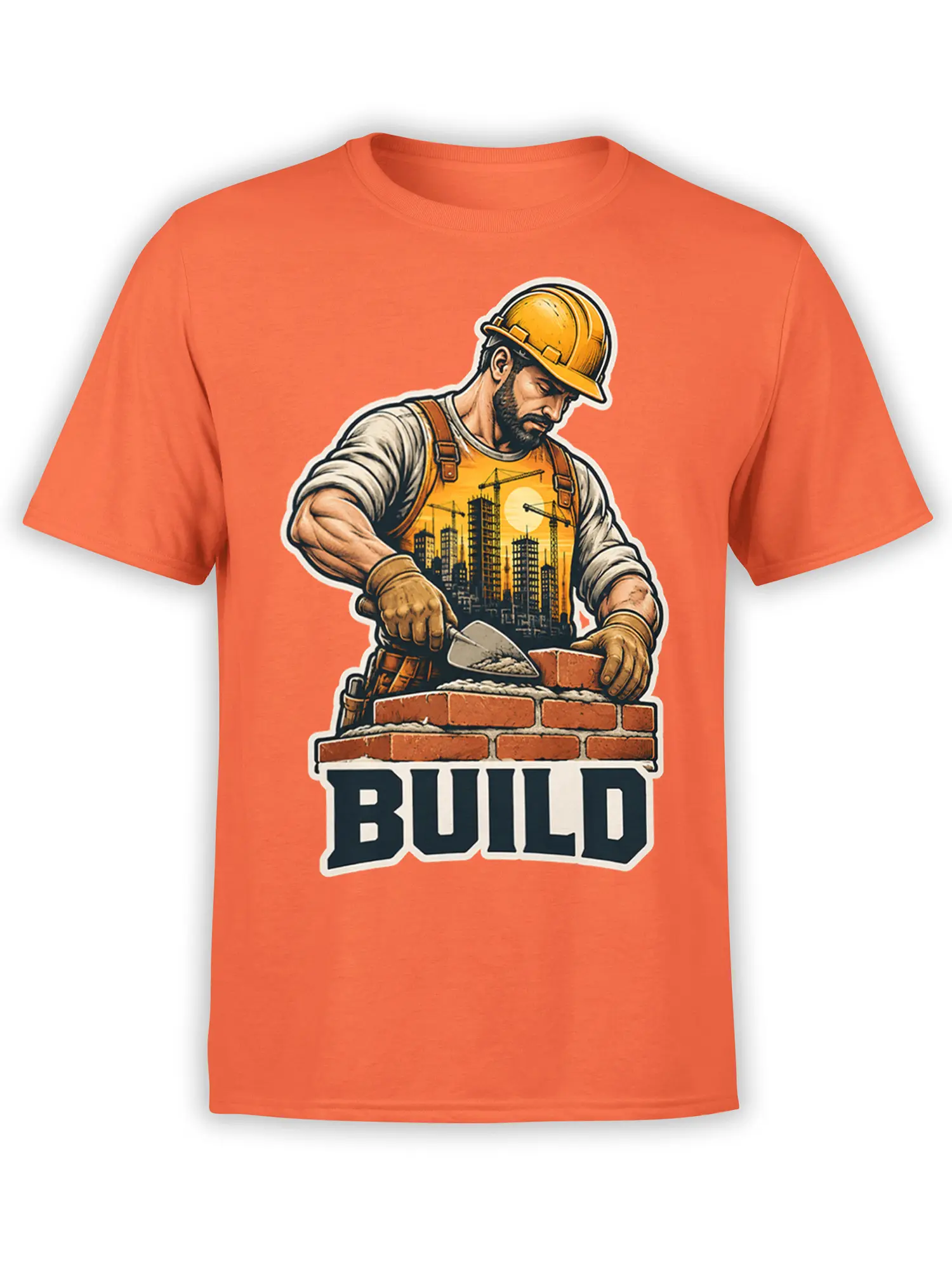 Orange construction worker T-shirt with bricklayer, city skyline, and bold BUILD graphic