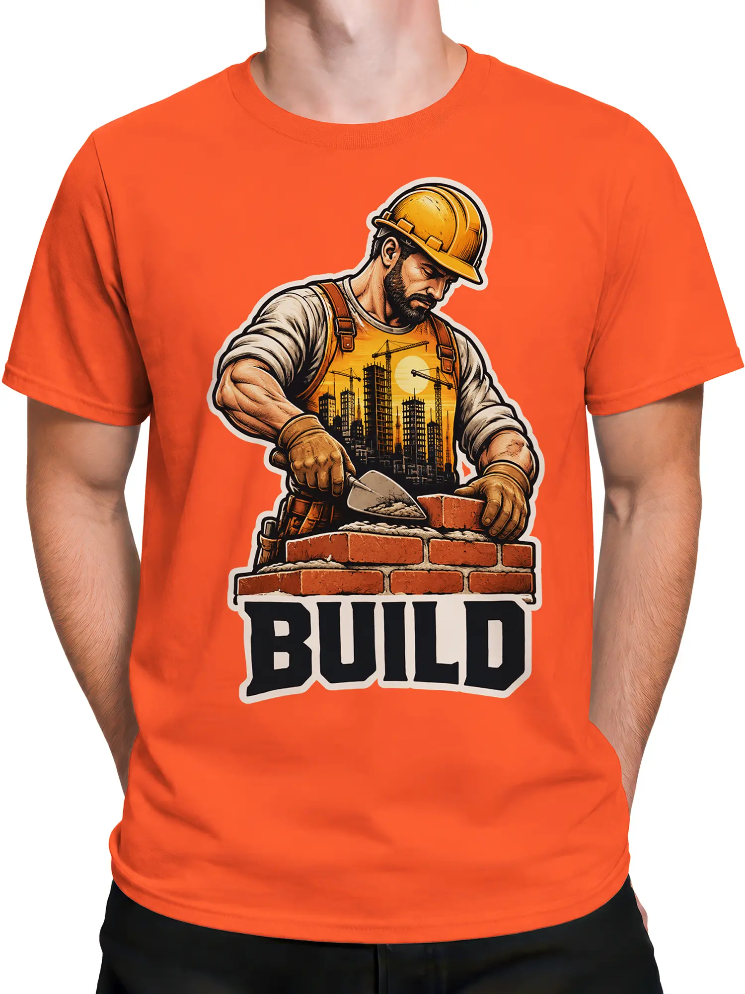 Male torso wearing orange construction worker T-shirt with bricklaying and BUILD graphic