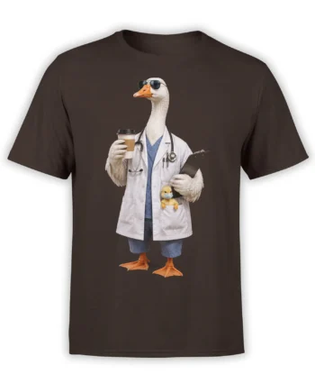Brown T-shirt with a goose doctor wearing sunglasses and holding coffee beside a masked duckling
