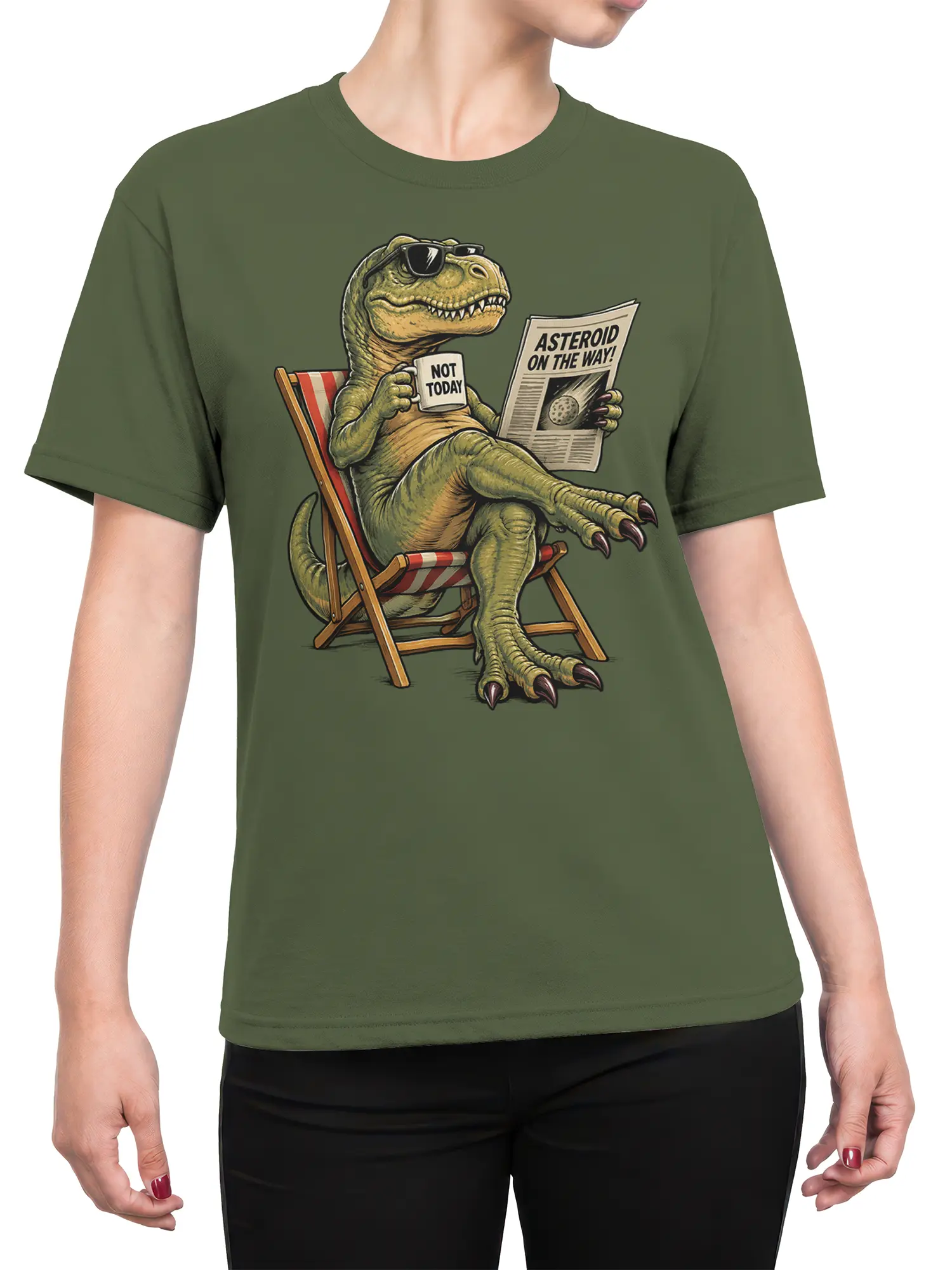 Female torso wearing an olive green dinosaur T-shirt with asteroid newspaper and “NOT TODAY” mug graphic