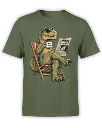 Olive green dinosaur T-shirt featuring a relaxed sunglasses-wearing dinosaur, asteroid newspaper, and “NOT TODAY” mug
