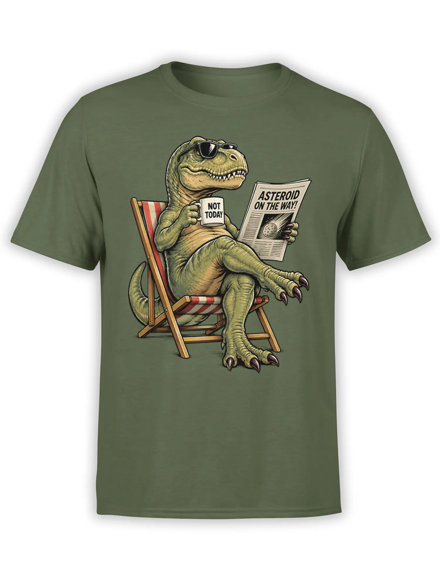 Olive green dinosaur T-shirt featuring a relaxed sunglasses-wearing dinosaur, asteroid newspaper, and “NOT TODAY” mug