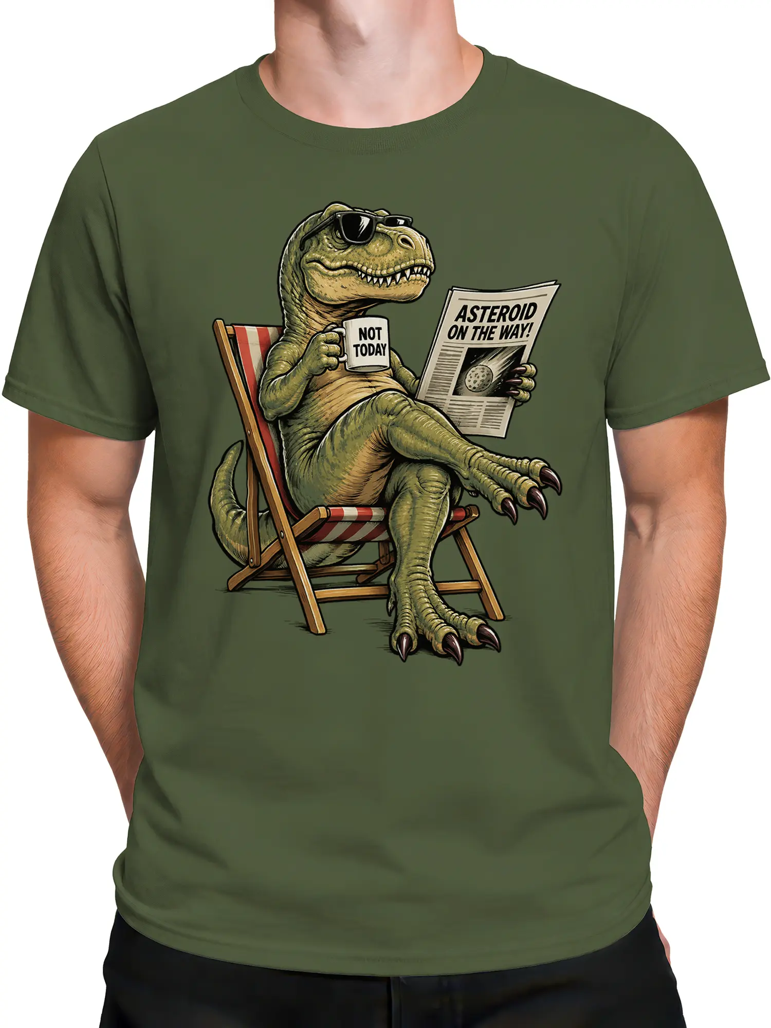 Male torso wearing an olive green dinosaur T-shirt with a lounging asteroid newspaper graphic